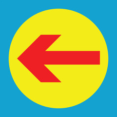 Wall Mural - red arrow in yellow circle sign. single headed red arrow icon. red pointer in circle icon on blue. v