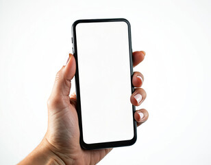 Poster - Hand holds phone mockup with blank screen isolated on white. Vertical orientation, blank display for app presentation, website demo, advertising. Woman hand, nails. Digital tech template for ui ux