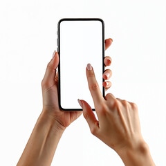 Poster - Woman hand using smartphone with empty white screen. Finger touches display. Holding mobile phone, interacting with touch screen. Isolated on white background for app, website, interface, business