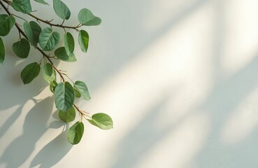 Poster - Green leaves create shadows on white background. Natural light, shadows play with fresh foliage, creating sense of calm, serenity. Zen, minimalist, organic design. Ideal for eco-friendly, wellness,