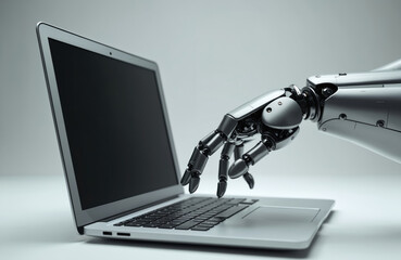 Aufkleber - Robotic hand reaches from laptop screen typing, writing text. AI, automation impact writing, blogging, journalism, online work. Technology, digital workspace, futuristic tech concept.