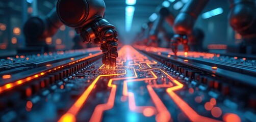 Poster - Futuristic smart factory with AI-driven robotic arms. Automated production lines, glowing digital workflows optimize high-tech manufacturing. Illustration tech, innovation, efficiency, industrial