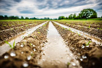 Fototapete - raindrops falling on freshly tilled field, creating tiny craters in precise furrows