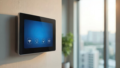 Aufkleber - Smart home device with blue screen mounted on wall. Device says smart home on screen. Wireless control of house functions, security system. Modern tech, digital control panel, innovative smart home