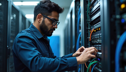 Aufkleber - Indian engineer works in data center. Man fixes servers, checks updates, monitors tech equipment. IT specialist working with cables. Cyber security, data storage concept.