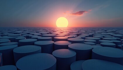 Aufkleber - Geometric landscape sunrise. Vast field of dark blue cylinders, sun on horizon. Abstract design, futuristic composition, modern tech innovation, calm scene. Digital art.