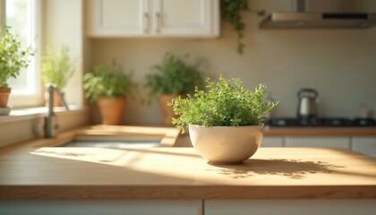 Fototapete - Sunlit kitchen countertop features herb plant bowl. Sunny light creates soft shadow, accentuates natural design. Modern minimalist interior design, fresh greenery. Home decor background.