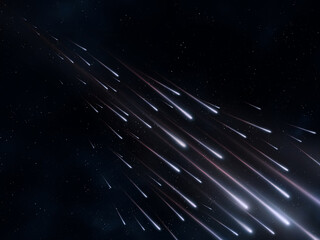 Wall Mural - flashes of bright meteorites. star rain on a black background. amazing starfall. falling fireballs.