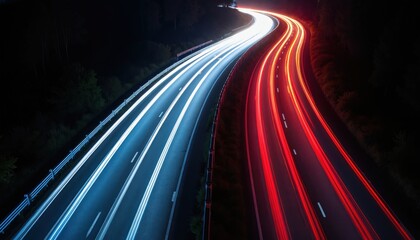 Aufkleber - Night highway with colorful car light trails. Long exposure photo shows road, traffic, city lights. Red, white, blue lights. Fast motion, speed, transportation, driving in urban area at night.