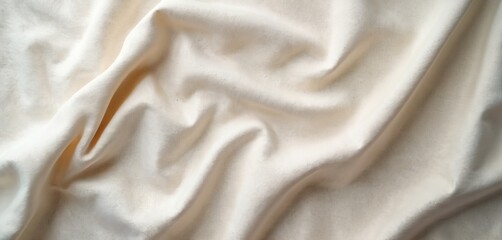 Aufkleber - Wrinkled linen fabric top view. Natural beige textile background with soft folds and creases. Linen cloth made from flax, perfect for textile, clothing, home decor design, or background.