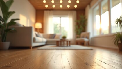 Poster - Blurred modern living room interior with wooden floor. Bright daylight comes through big windows. Cozy white sofa. Minimalist furniture. Home decor. Real estate. Apartment design.