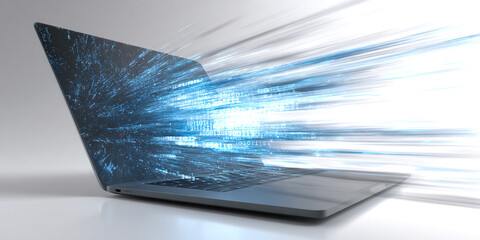 Laptop screen displaying blue digital data stream, symbolizing fast processing speed and digital flow, ideal for technology or internet concepts
