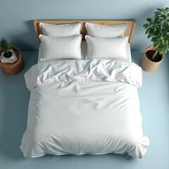 Aufkleber - Aerial view of white bed with pillows in simple room. Wooden headboard on blue background, home decor. Plant in basket. Concept of comfort and relaxation. Modern minimal design.