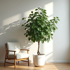 Fototapete - Ficus benjamina tree, minimal modern home interior design. Large houseplant in white pot near wooden chair. Green leaves, stylish living room, indoor home decor. Sunlight creates shadows on white