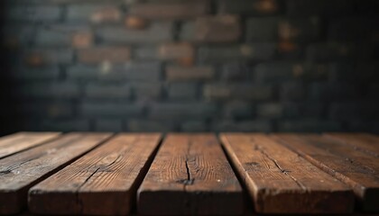 Leinwandbilder - Close-up wooden table textured planks against dark out-of-focus brick wall background. Vintage rustic design with aged weathered details and subdued lighting. Perfect backdrop for product placement.