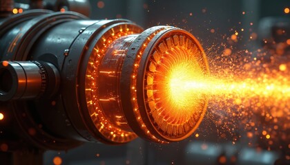 Fototapete - Futuristic reactor chamber in action. Precisely controlled nano-repetition pulses ignite dihydrogen fuel. Advanced tech, dazzling fire, energy reaction illuminate space behind. Innovation, science