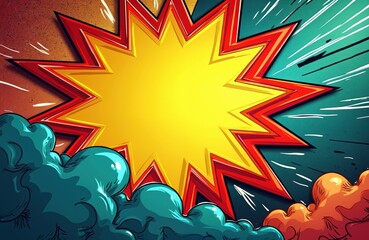 Aufkleber - Abstract colorful pop art background with geometric shapes and patterns. Vibrant explosion star with clouds on orange, green colors. Comic book style illustration for web design.