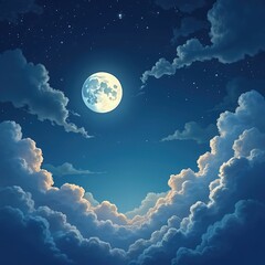 Aufkleber - Dreamy illustration of midnight sky, full moon, fluffy clouds. Night sky with stars, perfect for cosmic, fantasy, lunar projects, web design. Calm, serene outdoors with blue, dreamy, peaceful