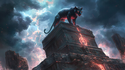 Wall Mural - Legendary shadow panther with glowing runes atop ancient temple under stormy sky. [Vortex Temples] | Cyclone Monastery | whirling faith. Illustration