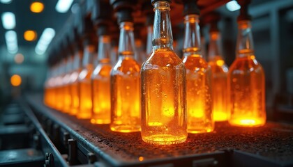 Fototapete - Glowing glass bottles move on conveyor belt in manufacturing facility. Production line in glass factory. Automatic production, industrial automation, glassblowing and container production process.
