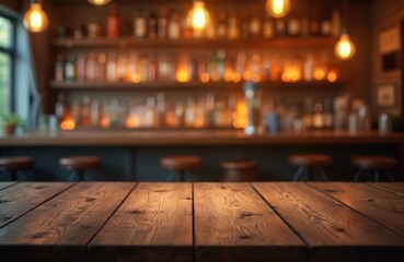 Aufkleber - Empty wooden table top with blurred bokeh background night bar interior. Focus on textured surface, perfect for product placement, food presentation. Restaurant pub atmosphere. Vintage design
