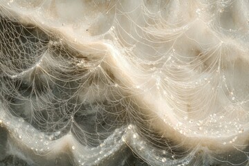 Intricate spiderweb glistening with morning dew, a delicate and ethereal natural art.