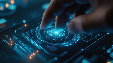 Close-up view of a hand interacting with a futuristic touch screen interface.
