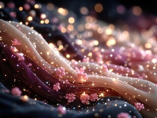 Poster - A Dreamy Fabric Landscape with Sparkling Lights and Delicate Flowers