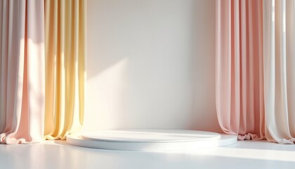 Aufkleber - Empty stage with pastel color curtains. White podium for product presentation. Minimalist style with bright lighting. Modern interior design for show, performance, theater, display.