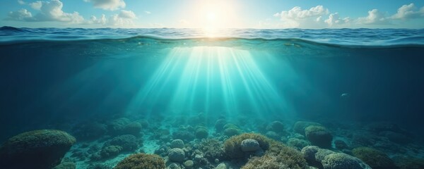 Aufkleber - Underwater scene with sunbeams. Turquoise water, sunny surface. Bright sun shines through water. Calm blue ocean. Seascape with rocks, sand, coral reef. Deep aquatic environment.