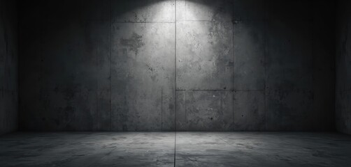 Poster - Dark concrete room with spotlight. Grunge texture on wall, floor. Shadows cast by spotlight creates mysterious, moody, minimalist atmosphere. Urban, industrial interior design.