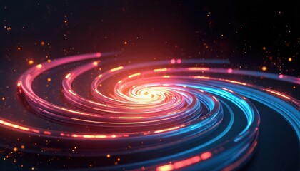 Poster - Abstract 3d illustration featuring neon background with luminous swirling elements, glowing spiral design. Composition includes elegant black backdrop, halo effect, optical spark particles.