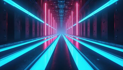 Poster - Futuristic abstract tech tunnel with neon stripes. Blue pink color lights. Geometric wallpaper in modern style. Cyberpunk and sci-fi concept, 3d render illustration.