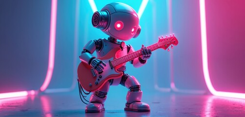 Aufkleber - Futuristic robot plays electric guitar on stage with neon lights. Cyborg rocker performs music on concert. Synthwave style, digital art render, sci-fi illustration with AI, robotic musician with