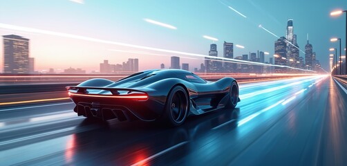 Aufkleber - Futuristic car speeds along highway toward city. Modern autonomous vehicle, fast electric transportation. Concept illustration captures technology speed, motion, fast drive at night, light trails on