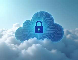 Fototapete - Digital cloud computing security concept. Blue cloud with lock icon above white fluffy clouds. Data protection technology. Concept of safe storage, network, cyberspace, online safety.