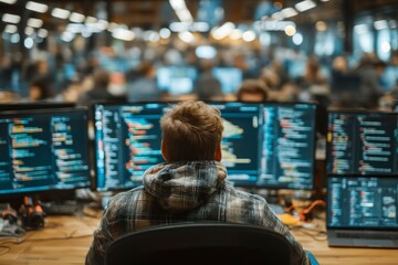 a programmer working in a bustling tech office with multiple monitors displaying code
