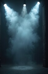 Poster - Abstract illustration dark room with smoke, lights and fog. Empty stage, neon illumination. Blue color light beams shine, creating an atmospheric moody scene. Grunge concrete floor.