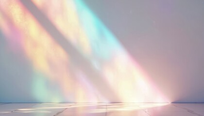 Poster - Dreamy holographic rainbow light refraction texture overlay. Abstract soft bokeh effect on white wall. Organic prismatic glow, natural shadows, background with copy space. Perfect for design,
