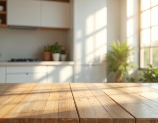 Aufkleber - Wooden kitchen table, sunlight background. Blurred modern home interior with plants, window bokeh. Empty wood tabletop, perfect for product display, dining area background, advertisement.