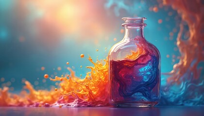 Leinwandbilder - Mesmerizing digital illustration of glass bottle holding colorful liquid in swirling motion. Transparency of glass. Dynamic motion, abstract splash. Blue, orange, red colors. Artistic beverage ad,