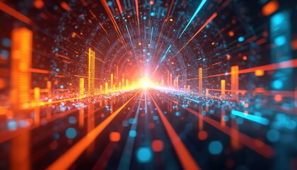 Poster - Futuristic tech abstract background. Data visualization concept. Digital cyberspace structure, AI network with light streaks. Information flow, analysis, connection, innovation in business, science.