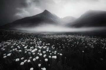 Wall Mural - Misty mountain landscape with a field of wildflowers, serene and peaceful.