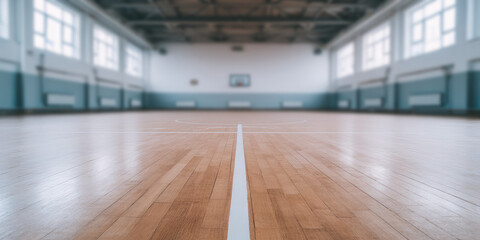 an empty indoor sports hall features a wooden floor with a white center line extending into the dist