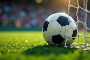 Close-up of a soccer ball in a net, signifying a goal , goal net, football net