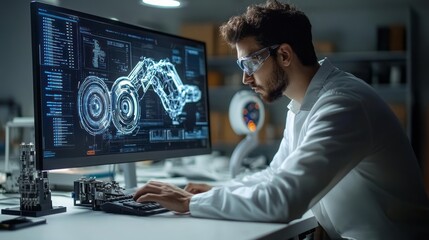 focused engineer reviews complex mechanical design on computer screen.