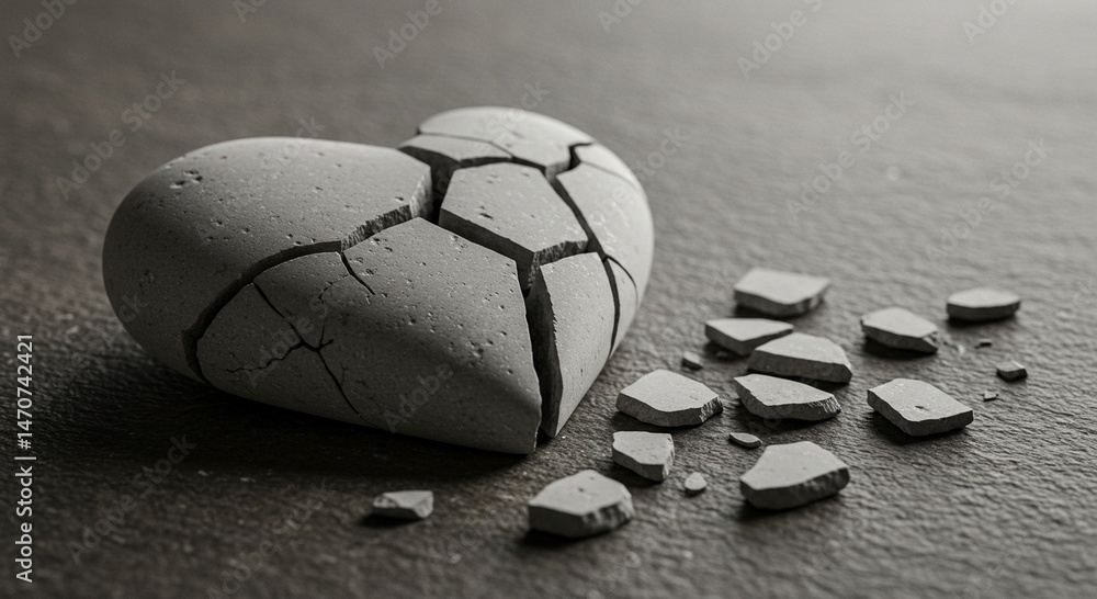 A close-up artistic image of a cracked white stone heart lying broken on a textured surface — fragments scattered as a symbolic still life. The composition should evoke emotions of fragile love, emoti