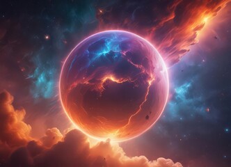 Wall Mural - mysterious radiant sphere floats in cosmic cloud; vibrant nebula backdrop , background, galaxy, swir