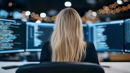 Female Programmer Working in Modern Office with Screens Displaying Code and Blurry Background Lights