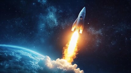 Wall Mural - powerful rocket launching into space above earth cloudscape sky fire dark blue epic stars night spee